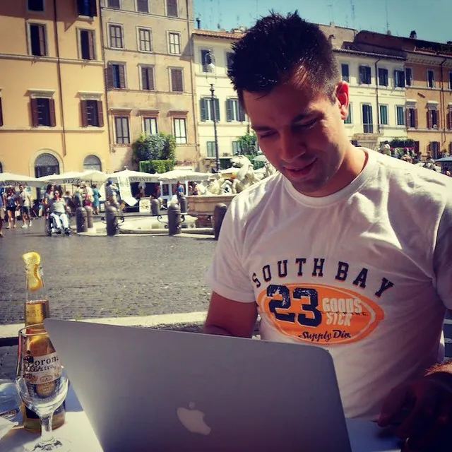 Blogging in Rome, 2012. Juha with laptop and Corona beer, sitting on a city center cafe in Rome, Italy.